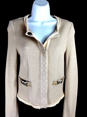 Beatrice .b XS 4 Beige Cotton Knit Cropped Jacket Fringe Rhinestone Italy